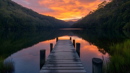 Fototapeta premium Serene Lakeside Dock at Sunset - Tranquil Landscape Photography