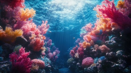 Fototapeta premium Vibrant coral reef teeming with life, sunbeams illuminating colorful coral formations and fish.
