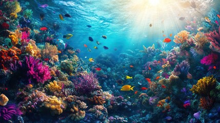 Naklejka premium Vibrant coral reef teeming with colorful fish and diverse marine life, sunlit underwater scene.