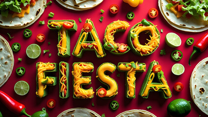 Taco Fiesta text made from food surrounded by tacos, veggies, and peppers on red background for party invitations