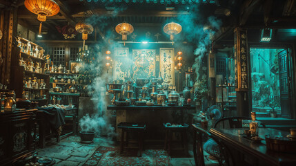 Historical documentation of illegal substance trade's dark influence on traditional cultural spaces. Educational exhibit showing how criminal enterprises corrupted legitimate establishments.