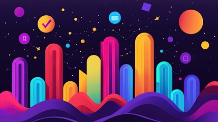 Colorful abstract shapes and wavy lines on dark background.