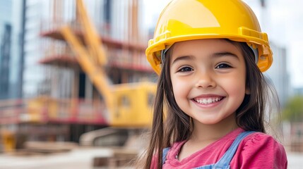 Young hispanic female child in construction site wearing yellow hard hat smiling