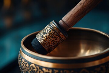 Ornate singing bowl and mallet with intricate patterns
