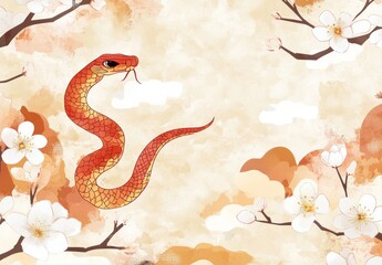 Obraz premium Serene Red Snake Amidst Watercolor Blossoms: A Gentle Asian-Inspired Art Print