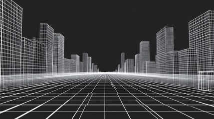 Futuristic wireframe cityscape with gridlines and skyscrapers