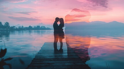Fototapeta premium Romantic Couple at Sunset by a Serene Lake