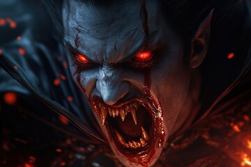 Vampire with fiery red eyes and blood-dripping fangs in a fierce expression