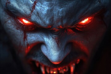 Close-up of male vampire face with glowing red eyes and sharp fangs