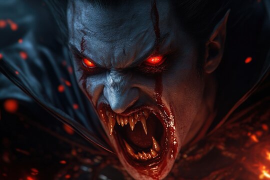 Vampire with fiery red eyes and blood-dripping fangs in a fierce expression