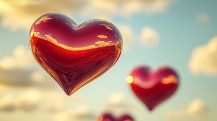 Obraz premium Dreamy Red Hearts Floating in a Glossy Sky