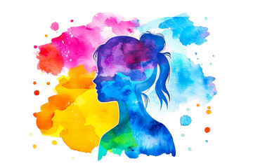 Watercolor Silhouette, Woman Profile with Colorful Paint Splatter, Art, Creativity, Imagination