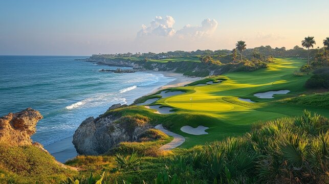 Scenic coastal golf course at sunset with ocean views and lush green fairways
