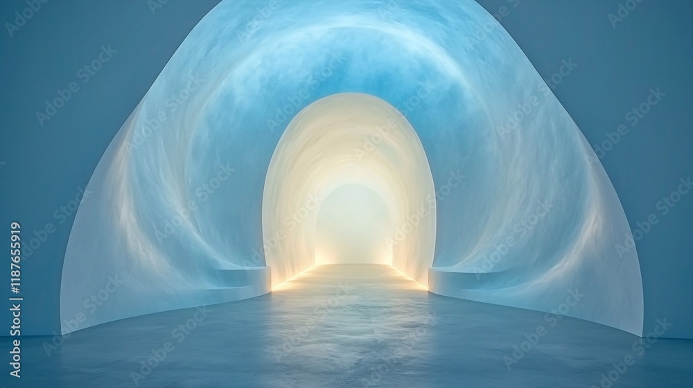 Poster abstract blue tunnel with glowing light at the end.