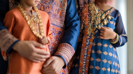 Vibrant Hari Raya family clothing with detailed designs and cultural accessories