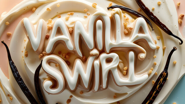 Vanilla swirl text in cream with pods and sprinkles, ideal for dessert or food related promotions, advertisements or as a background texture