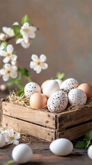 Fototapeta premium Rustic wooden crate filled with speckled eggs and spring blossoms in a serene setting