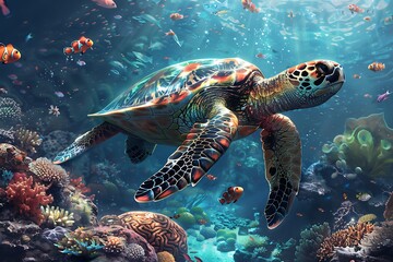 Obraz premium Vibrant sea turtle swims amidst colorful coral reef and diverse fish.