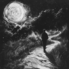 Fototapeta premium Serene Walk Under Starry Sky and Bright Moon