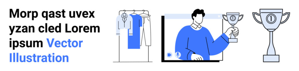 Man holding a trophy emerging from screen, clothing rack with garments, large trophy. Ideal for achievement, celebration, success, apparel, digital content, online stores marketing campaigns