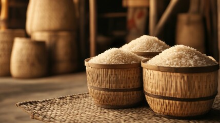 Fototapeta premium Rustic Storage Area Featuring Bamboo Baskets Filled with Fresh Rice in a Warm, Medium Focus Light Setting