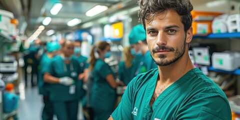 Fototapeta premium Medical Professional in Scrubs Standing in Hospital Corridor with Team of Healthcare Workers Attending to Patients in Background, Portraying Dedication and Commitment to Healthcare