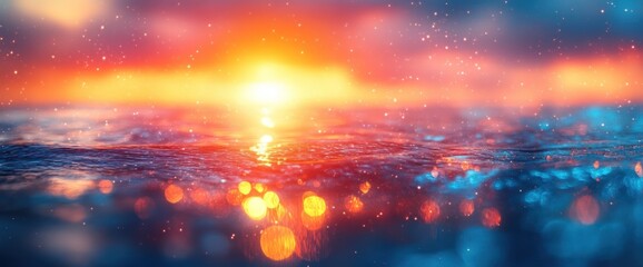 Fototapeta premium Vibrant sunset reflected on water surface with bokeh effect.