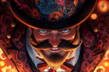 Mysterious male magician in ornate costume with intense gaze and mustache