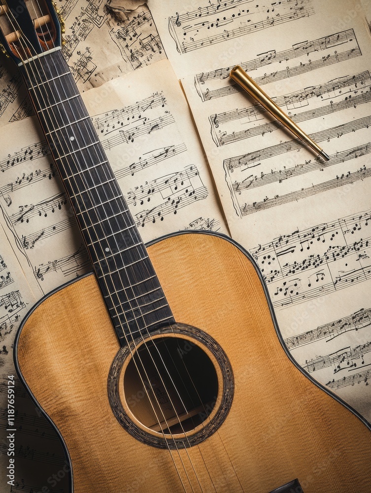 Poster acoustic guitar resting on scattered sheet music with a tuning fork in a cozy practice space during 