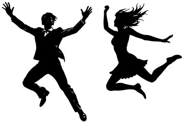 Man and woman jumping silhouette vector art illustration