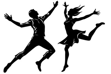 Man and woman jumping silhouette vector art illustration