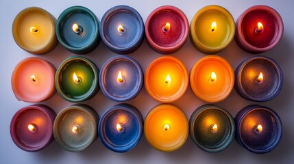 Colorful assortment of lit candles creating a warm and inviting ambiance