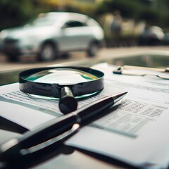 Fototapeta premium Magnifying Glass, Pen, and Documents Near Blurred Vehicle