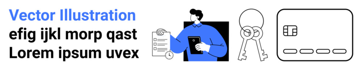 Professional figure holding tablet and clipboard, key, and credit card indicate multitasking. Ideal for business, finance, security, technology solutions, digital transactions, online services team