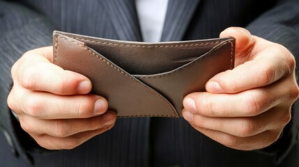 Empty brown wallet held by caucasian male adult in suit