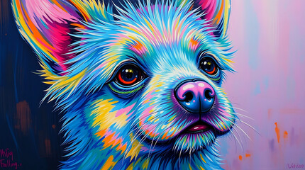 Naklejka premium Bold acrylic painting of a magical kingdom pet, iridescent colors, vibrant colors, textured brushstrokes, iridescent reflections