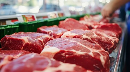 Fresh cuts of red meat displayed in a grocery store for customers.