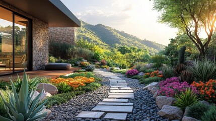 Obraz premium Serene stone pathway in lush garden with mountain view at sunset