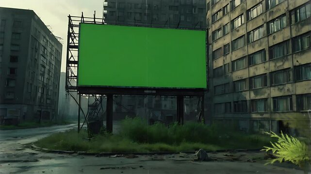 Billboard with green screen in apocalypse city. Seamless 4K looping timelapse video animation background