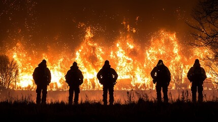 Fototapeta premium Firefighters battling wildfire at night