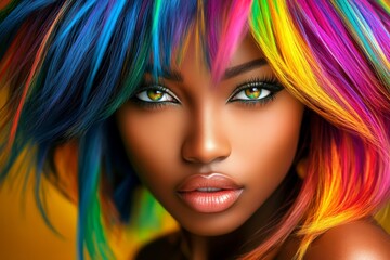 Attractive calm black girl - for ads, advertisement and social social media ad use. Commercial marketing idea. Short hairdo - multicolored hair. Elegant black model. Artistic black portrait.