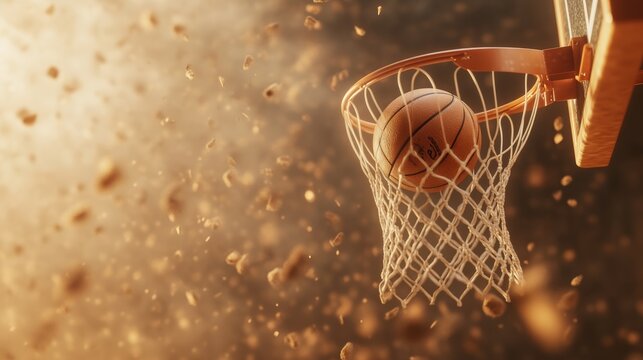 Basketball swishing through hoop amid golden dust particles