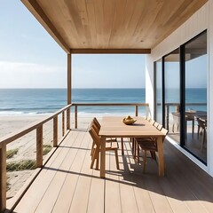Obraz premium Oceanfront Deck Dining Area With Modern Wooden Furniture