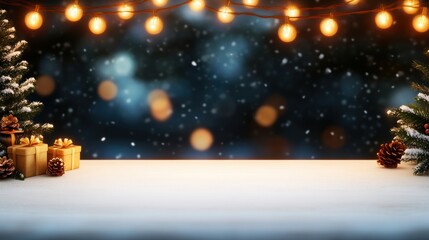 Christmas lights and wrapped presents on rustic wooden table during holiday season celebration