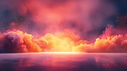 Naklejka premium Vibrant sunset reflected on calm water with colorful smoke and particles.
