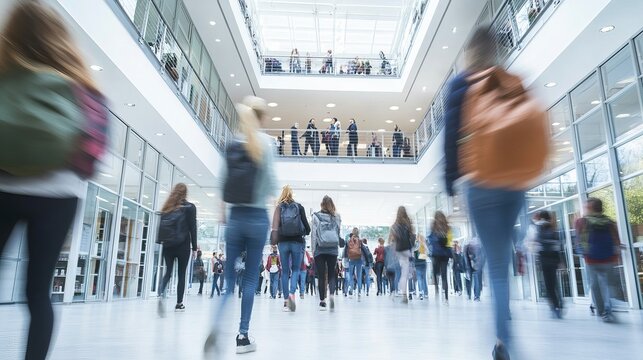 High school students walking up stairs between classes in busy school building