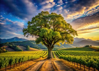 Obraz premium Panoramic Vineyard Oak Tree Hills AI Photo