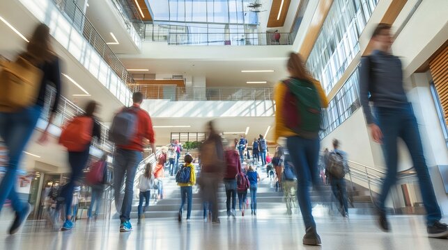 High school students walking up stairs between classes in busy school building