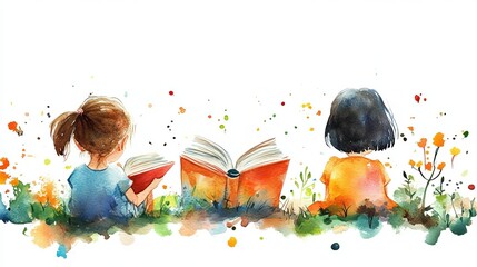 Colorful watercolor school banner featuring books and happy children in a creative learning setting