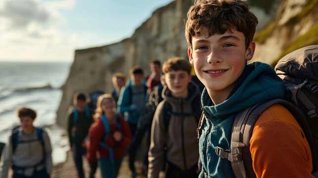 Active teenage boys hiking scenic coastal trail enjoying outdoors friend energy enthusiasm love nature adventurous group outing rocky coast fun field trip path fresh happy smile photography cold